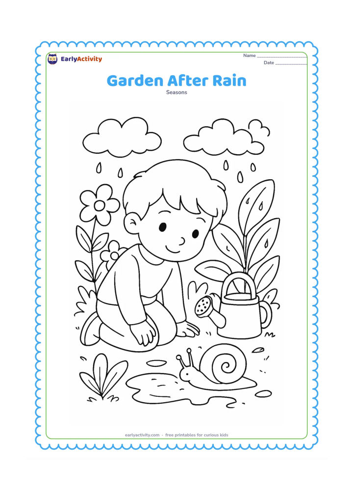 Colouring page: A child kneels in a garden after a shower, looking at a snail beside a shiny puddle. Include flowering plants, broad leaves, a watering can, clouds breaking apart and small drops on the…