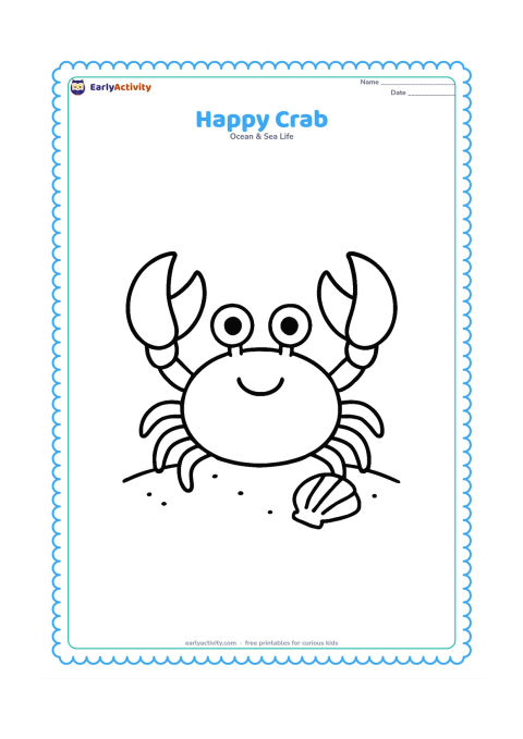 Colouring page: Draw one friendly crab facing forward with two large claws, six visible legs, round eyes and a small curved smile. Place it on a clear sandy patch with one simple shell beside it.