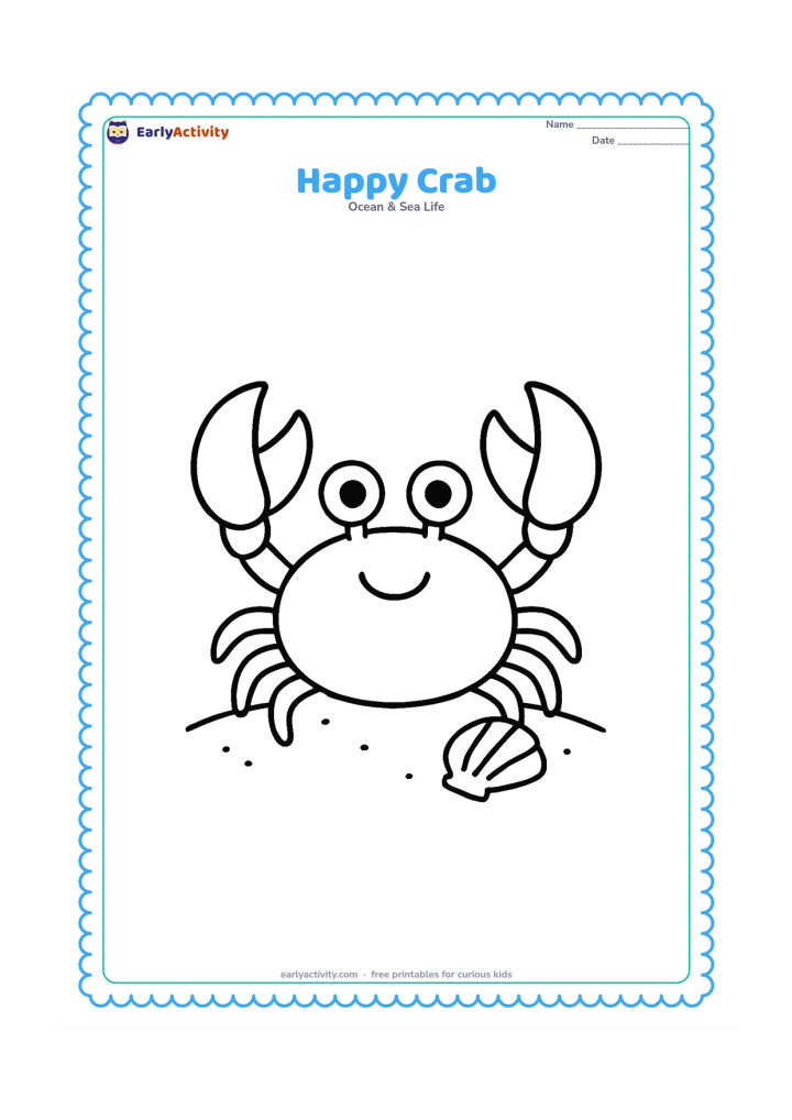 Colouring page: Draw one friendly crab facing forward with two large claws, six visible legs, round eyes and a small curved smile. Place it on a clear sandy patch with one simple shell beside it.
