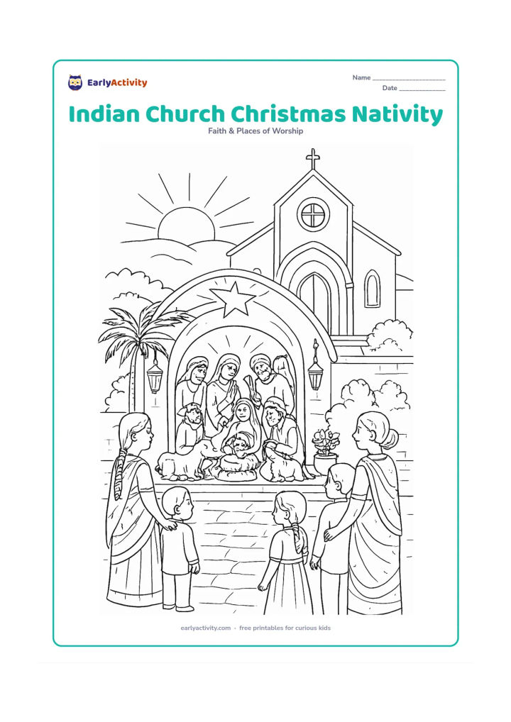 Colouring page: Show an Indian church courtyard with families gathered quietly around a nativity display at sunset. The display includes Mary, Joseph, baby Jesus, shepherds, an angel and animals, with…