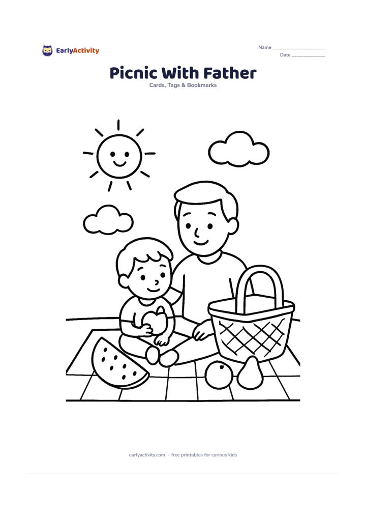 Worksheet: Draw a father and child sitting on a picnic blanket beside a large basket, with simple fruit shapes, clouds and a smiling sun. The scene should be a clear, open card-front composition.