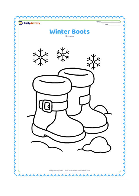 Colouring page: A pair of warm winter boots stands in a shallow patch of snow, with simple buckles and wide soles. Add a small snow mound and a few large snowflakes.
