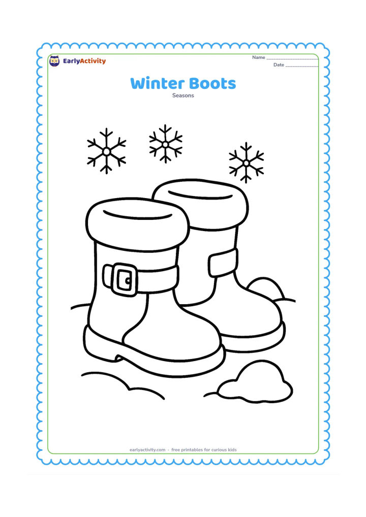 Colouring page: A pair of warm winter boots stands in a shallow patch of snow, with simple buckles and wide soles. Add a small snow mound and a few large snowflakes.