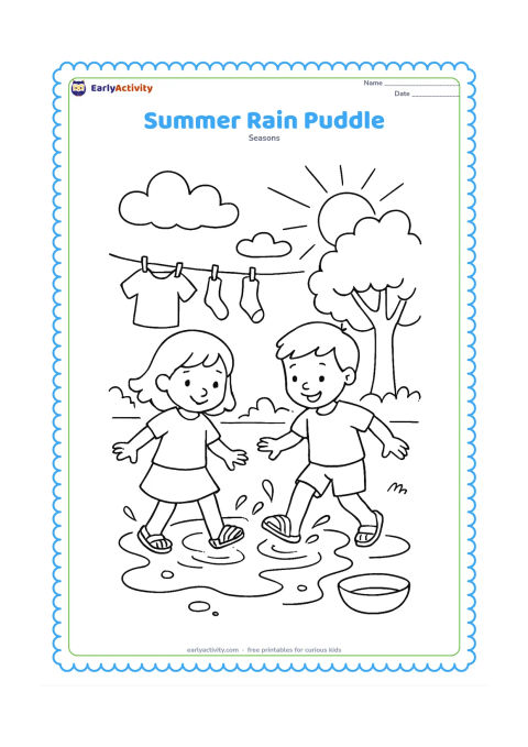 Colouring page: After a brief summer shower, two children splash gently in a shallow puddle wearing simple rain sandals. Add a clothesline with drying clothes, a leafy tree, clouds opening to sunlight…