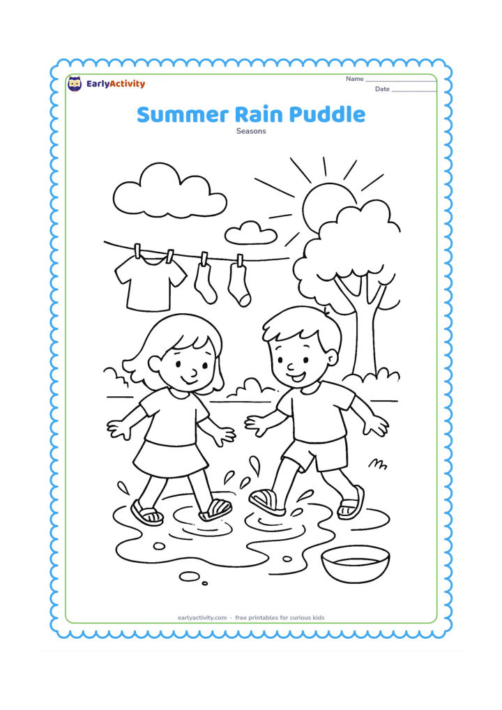 Colouring page: After a brief summer shower, two children splash gently in a shallow puddle wearing simple rain sandals. Add a clothesline with drying clothes, a leafy tree, clouds opening to sunlight…