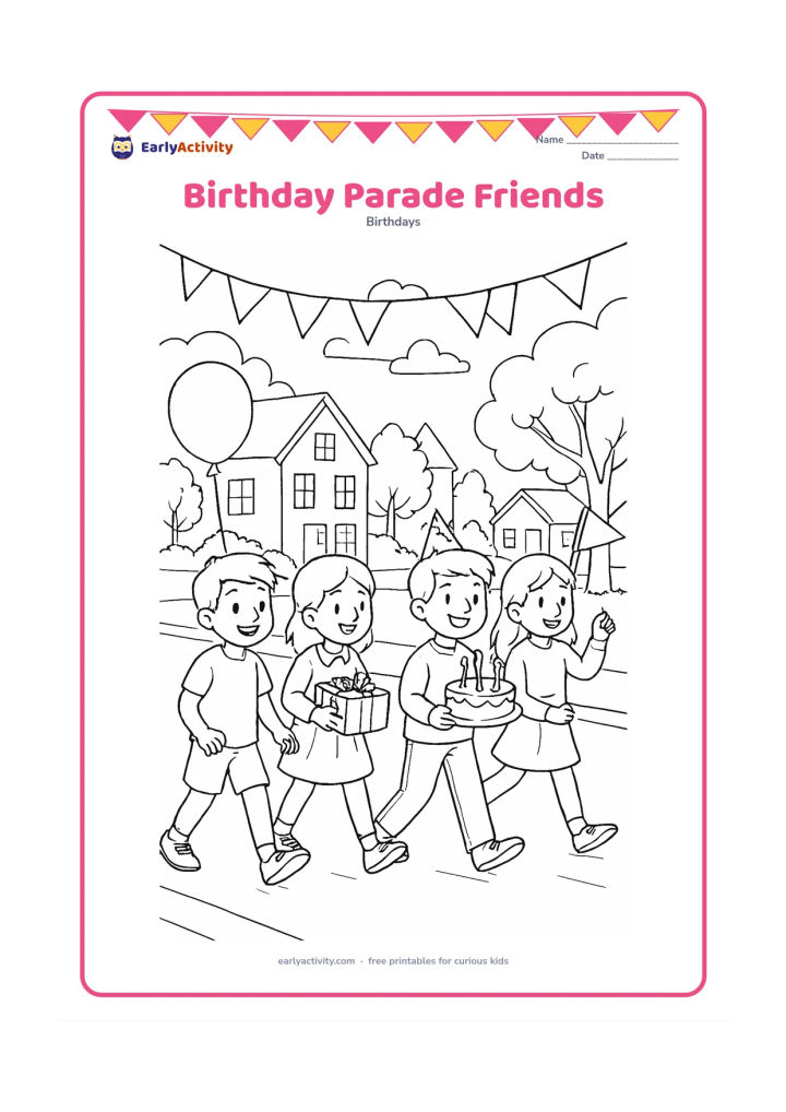 Colouring page: A group of children walks in a cheerful birthday parade carrying balloons, gifts, a cake on a tray, and simple paper flags. Set the parade on a neighbourhood street with trees, homes,…