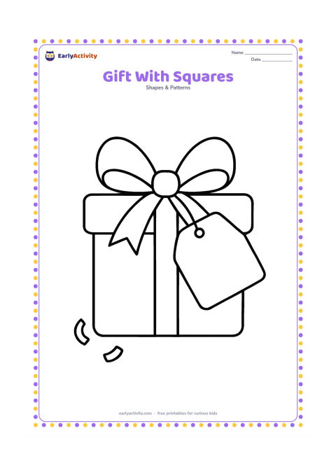 Colouring page: A square present with a wide ribbon crossing over it and a large square gift tag with no writing. Add two simple confetti shapes nearby.