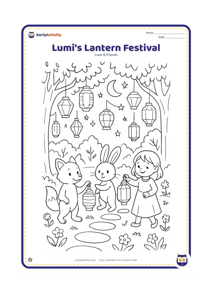 Colouring page: Lumi and friends release or carry handmade lanterns in an open evening garden, with many hanging lanterns, trees, stepping stones, flowers and a calm moonlit sky. Keep the scene…
