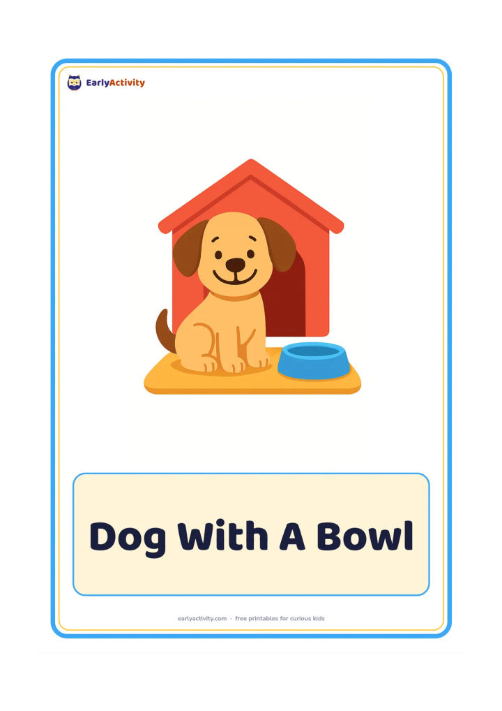 Flashcard: Draw a happy puppy sitting beside a plain food bowl on a small doormat. Include a simple house doorway behind the puppy.
