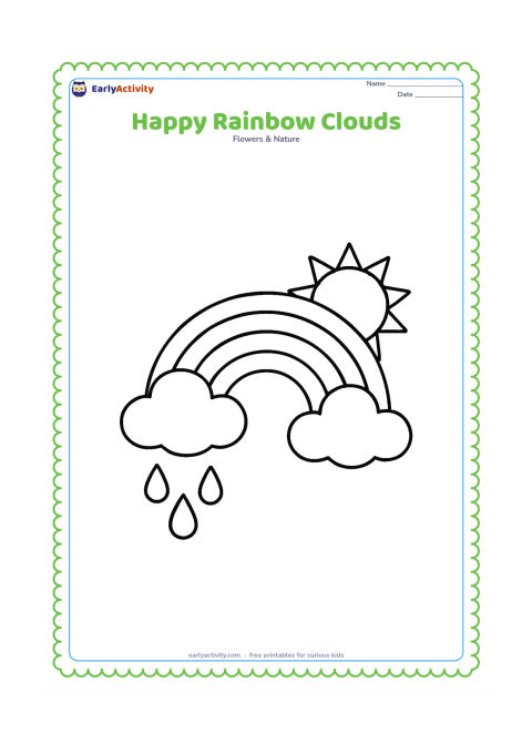 Colouring page: Draw a broad rainbow between two large, friendly-looking clouds, with a few big raindrops below one cloud and a bright sun peeking from behind the other. Use a simple centered composition.