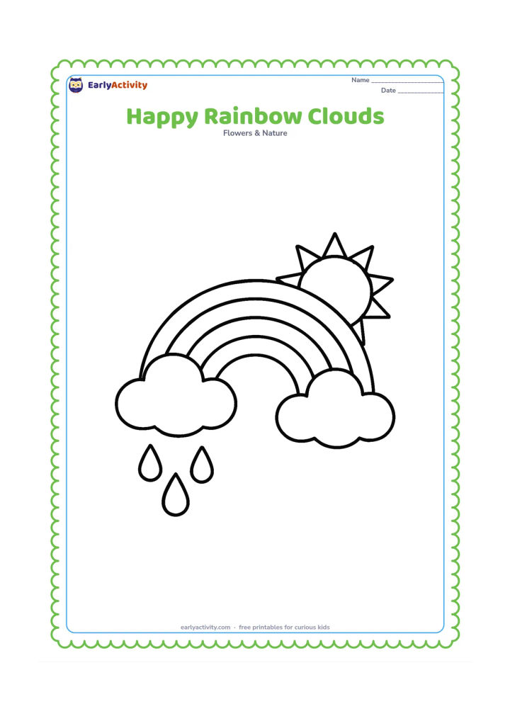 Colouring page: Draw a broad rainbow between two large, friendly-looking clouds, with a few big raindrops below one cloud and a bright sun peeking from behind the other. Use a simple centered composition.