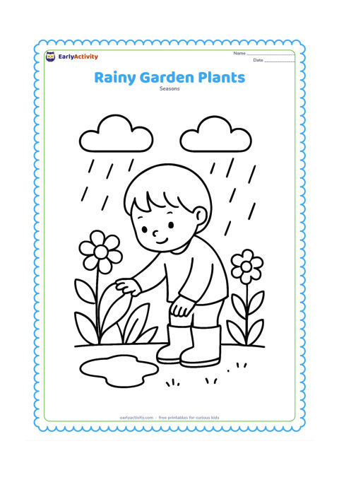 Colouring page: A simple garden scene has broad leafy plants, two flowers, a watering puddle, clouds, and falling rain. Include one child gently touching a large leaf while wearing boots.