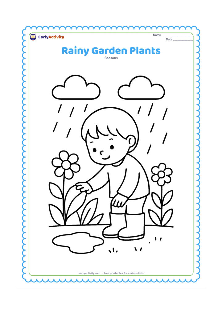 Colouring page: A simple garden scene has broad leafy plants, two flowers, a watering puddle, clouds, and falling rain. Include one child gently touching a large leaf while wearing boots.