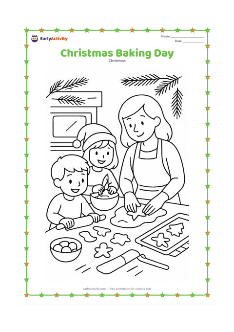 Colouring page: Two children and an adult prepare Christmas cookies at a kitchen table, with a rolling pin, cookie cutters, a mixing bowl, an oven, and a cooling rack. Add evergreen branches and a bowl…