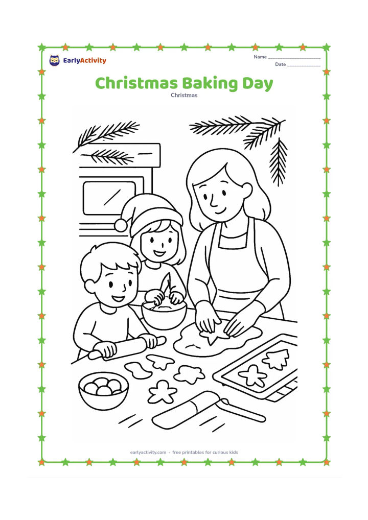 Colouring page: Two children and an adult prepare Christmas cookies at a kitchen table, with a rolling pin, cookie cutters, a mixing bowl, an oven, and a cooling rack. Add evergreen branches and a bowl…