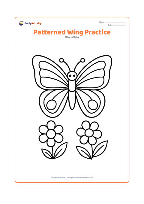 Worksheet: Show a large front-facing butterfly with blank wings divided into broad sections for adding curved lines, stripes, circles and teardrop shapes. Place the butterfly above two simple…