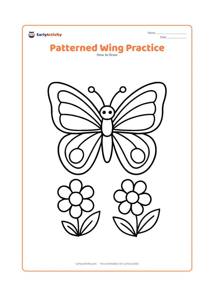 Worksheet: Show a large front-facing butterfly with blank wings divided into broad sections for adding curved lines, stripes, circles and teardrop shapes. Place the butterfly above two simple…