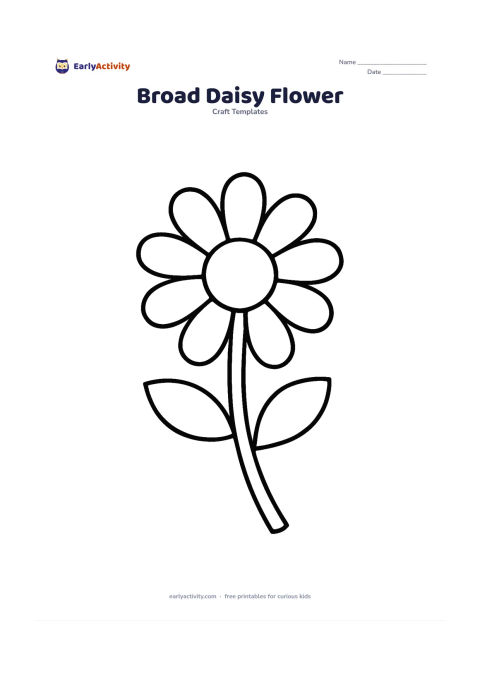 Worksheet: A single daisy with ten broad oval petals around a large empty centre, a gently curved stem and two rounded leaves. Show the whole flower from the front without extra scenery.