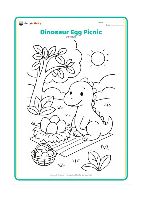 Colouring page: A friendly young dinosaur sits beside a nest containing three eggs near a shady tree. Include a woven mat, a round fruit basket, broad leaves, and a sunny meadow, suggesting an Indian…