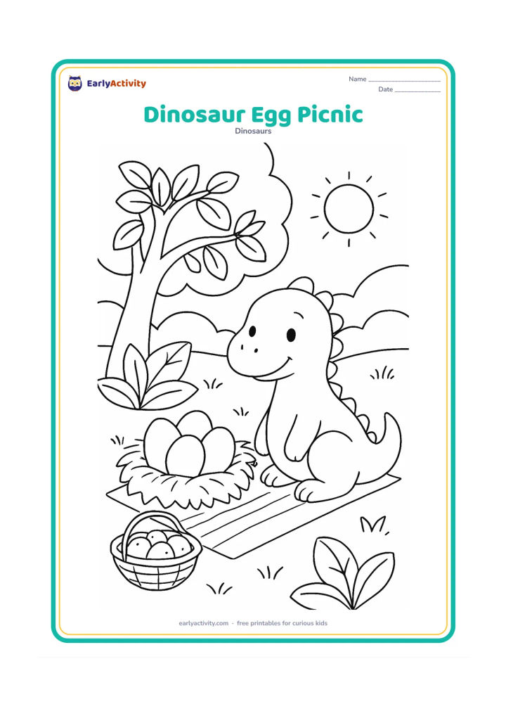 Colouring page: A friendly young dinosaur sits beside a nest containing three eggs near a shady tree. Include a woven mat, a round fruit basket, broad leaves, and a sunny meadow, suggesting an Indian…
