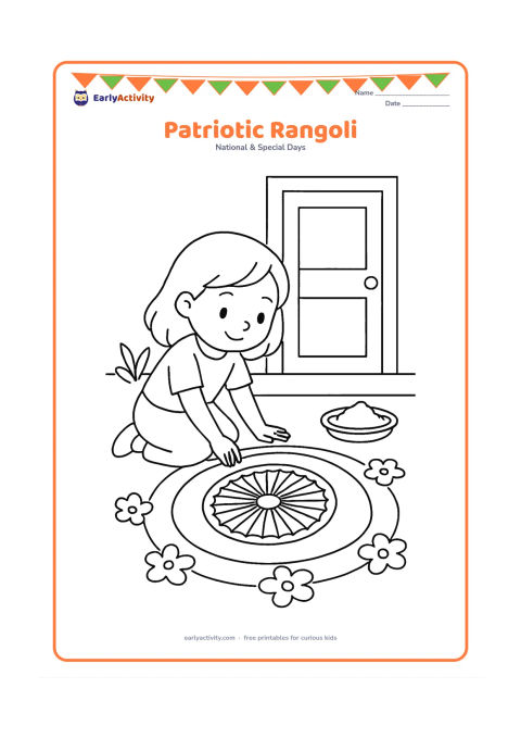Colouring page: Draw a child kneeling to make a large rangoli featuring an abstract Ashoka Chakra in the centre, surrounded by three broad curved bands and simple flowers. Place the design outside a…