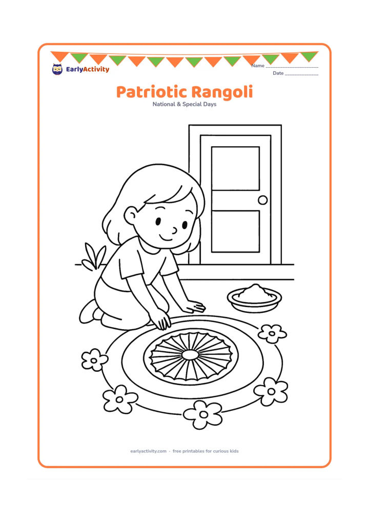 Colouring page: Draw a child kneeling to make a large rangoli featuring an abstract Ashoka Chakra in the centre, surrounded by three broad curved bands and simple flowers. Place the design outside a…