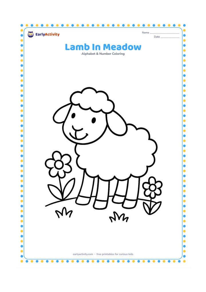 Colouring page: Draw a cheerful lamb standing in a meadow with a rounded woolly body, floppy ears and two large flowers nearby. Show the lamb in side view with simple grass under its feet.