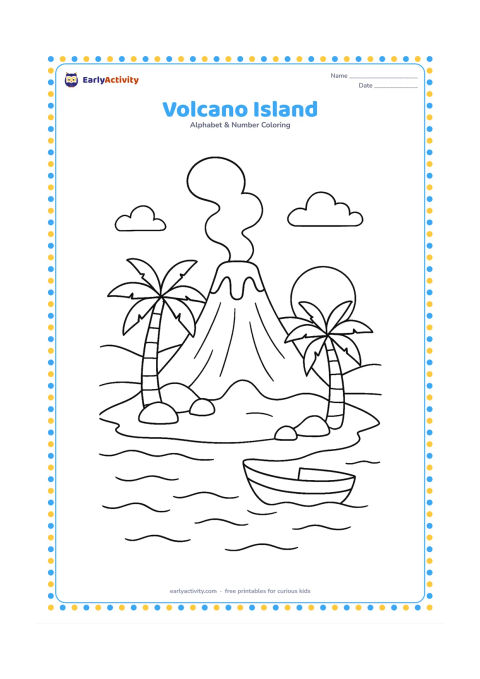 Colouring page: Draw a volcano on a small island with a gentle plume of smoke, palm trees, rocks, and a boat floating in the surrounding water. Include a sun low near the horizon.