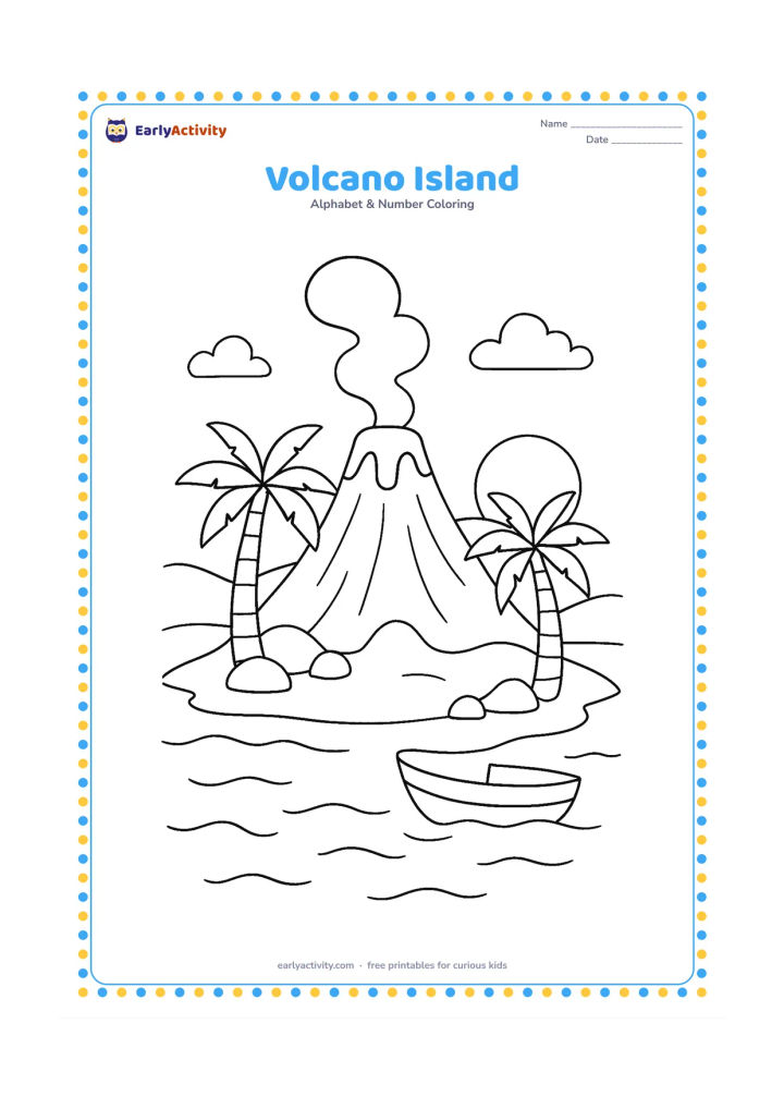 Colouring page: Draw a volcano on a small island with a gentle plume of smoke, palm trees, rocks, and a boat floating in the surrounding water. Include a sun low near the horizon.