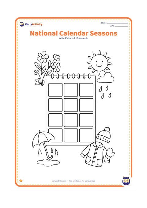 Colouring page: Draw a large blank wall calendar with twelve empty picture panels arranged in a grid, surrounded by four small seasonal scenes representing spring flowers, summer sunshine, monsoon rain…
