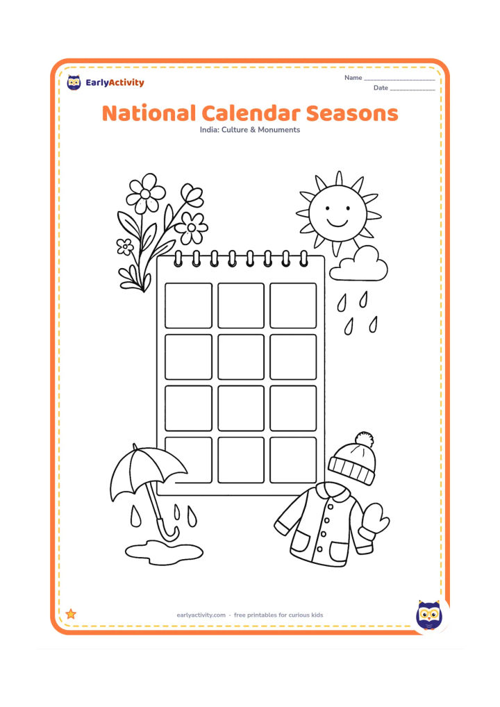 Colouring page: Draw a large blank wall calendar with twelve empty picture panels arranged in a grid, surrounded by four small seasonal scenes representing spring flowers, summer sunshine, monsoon rain…