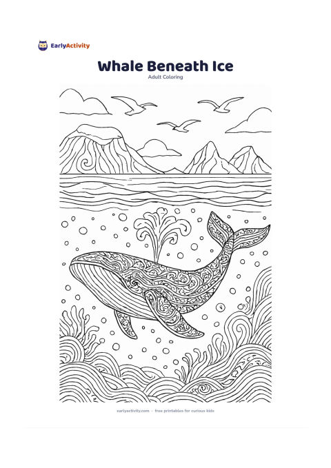 Colouring page: A calm whale swims beneath floating sea ice in a bright polar ocean, with an open blowhole, distant ice shapes, bubbles and a few seabirds above the water. Avoid harsh weather or…