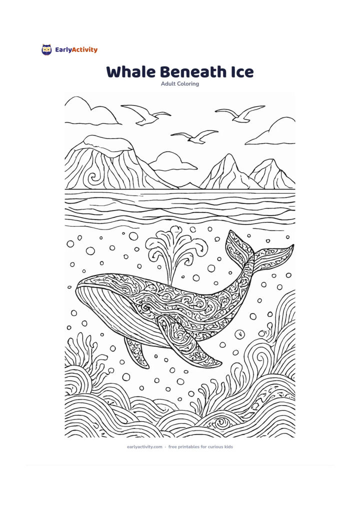 Colouring page: A calm whale swims beneath floating sea ice in a bright polar ocean, with an open blowhole, distant ice shapes, bubbles and a few seabirds above the water. Avoid harsh weather or…