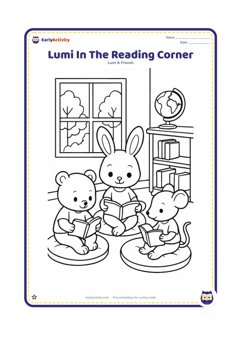 Colouring page: Lumi sits in a cosy reading corner, turning a page of a blank open book while two friends read nearby. Show floor cushions, a small bookshelf, a globe and a broad window with trees outside.