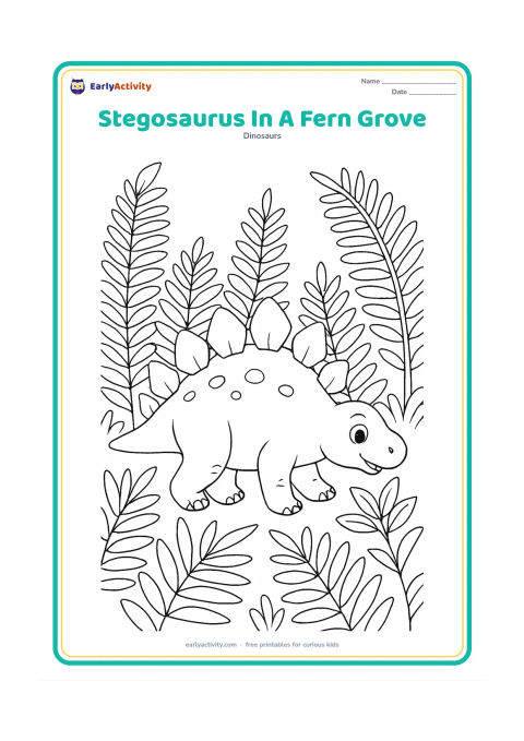 Colouring page: Draw a stegosaurus walking through a grove of layered ferns, with several overlapping fronds in the foreground and background. Show its head turned toward a small cluster of edible leaves.