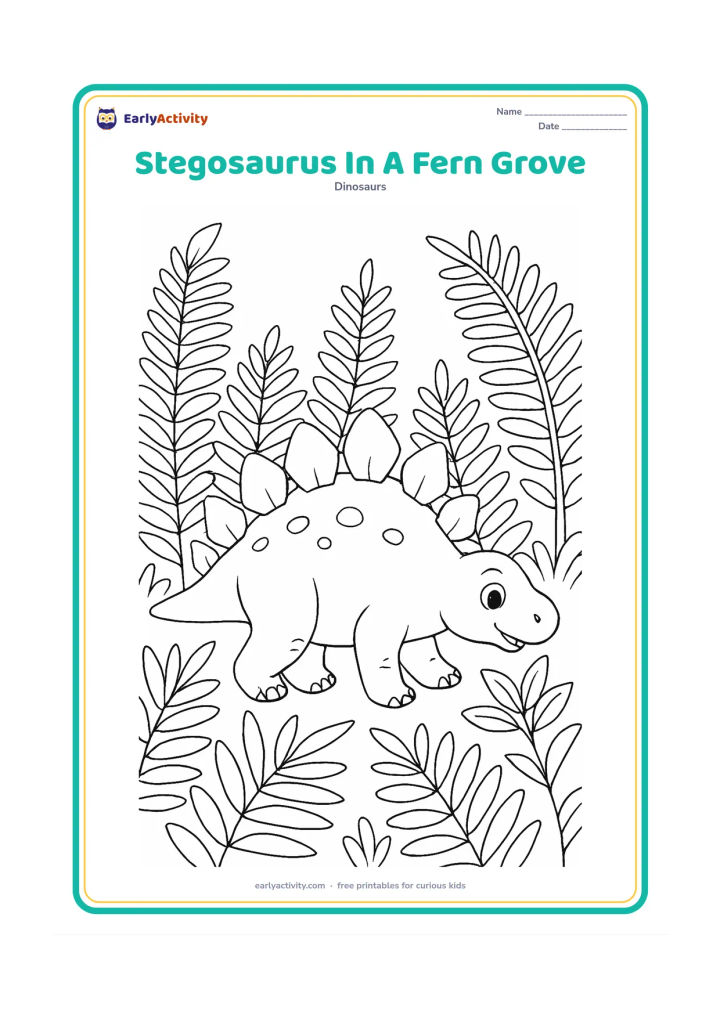 Colouring page: Draw a stegosaurus walking through a grove of layered ferns, with several overlapping fronds in the foreground and background. Show its head turned toward a small cluster of edible leaves.