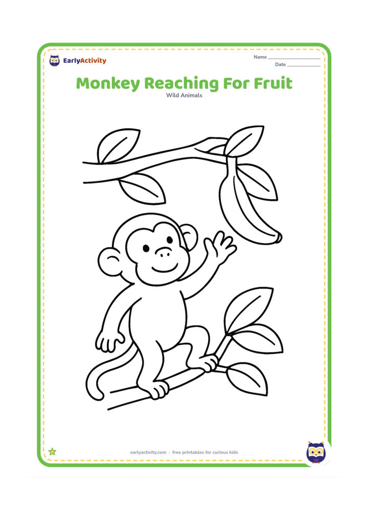 Colouring page: Draw one monkey standing on a branch and reaching toward one large banana hanging from a nearby leaf. Include only a few leaves around the branch.