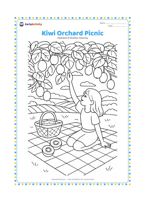 Colouring page: A picnic blanket lies beneath kiwi fruit vines, with a basket, sliced kiwi fruit and a child reaching toward a hanging fruit. Include rows of vines, leaves and distant rolling farmland.