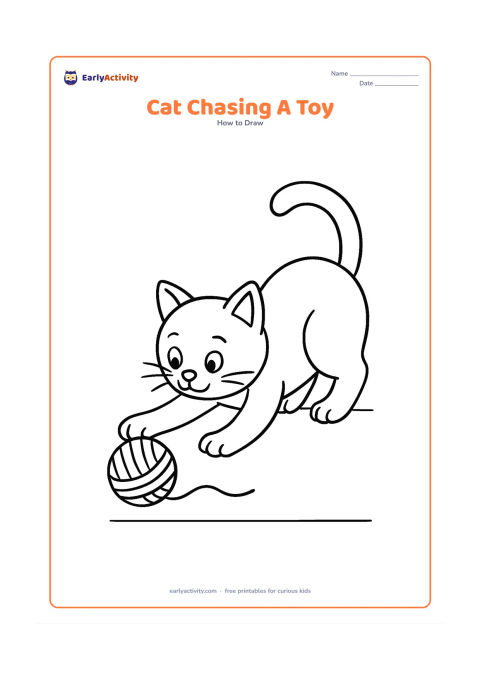 Worksheet: Draw a playful cat crouching and reaching toward a rolling yarn ball, with one front paw extended, hindquarters raised, ears forward, and a curved tail. Add a short loose yarn strand and…
