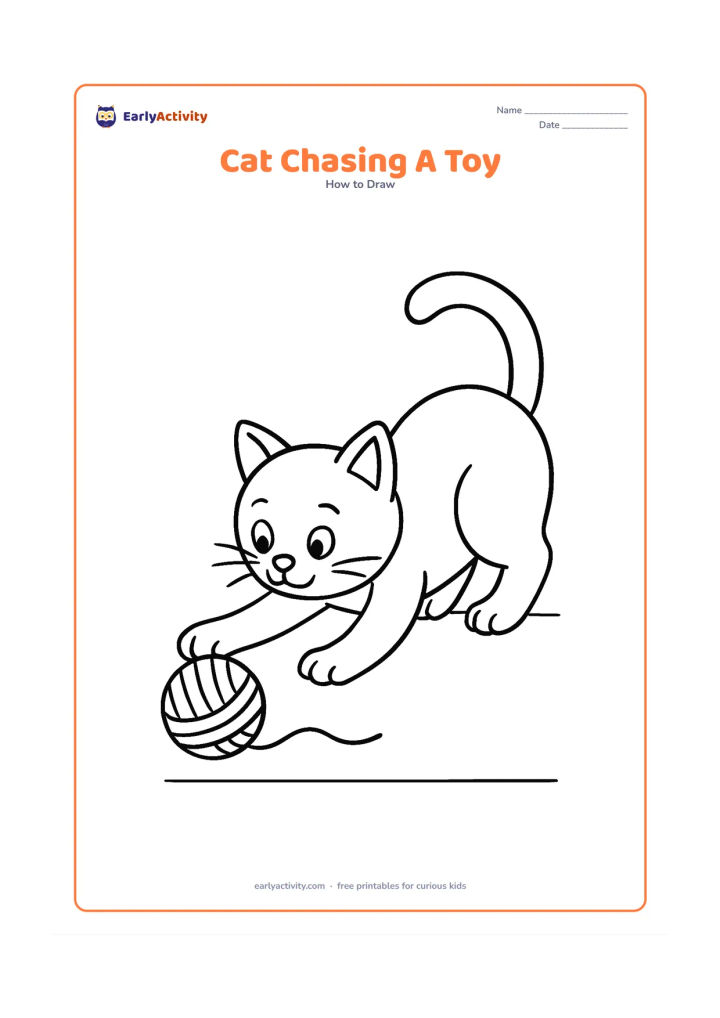 Worksheet: Draw a playful cat crouching and reaching toward a rolling yarn ball, with one front paw extended, hindquarters raised, ears forward, and a curved tail. Add a short loose yarn strand and…