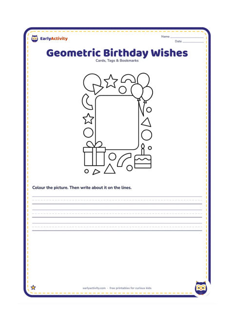 Worksheet: Draw a modern card composition made from overlapping circles, triangles, arcs, stars, and gift-box shapes around a large blank writing panel. Include one small cake icon and one balloon…