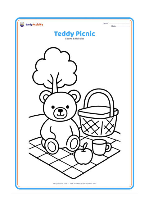 Colouring page: A teddy bear sits on a picnic cloth beside a large basket, an apple and a cup, with one simple tree behind it. Use a clear front-facing composition with plenty of open space.