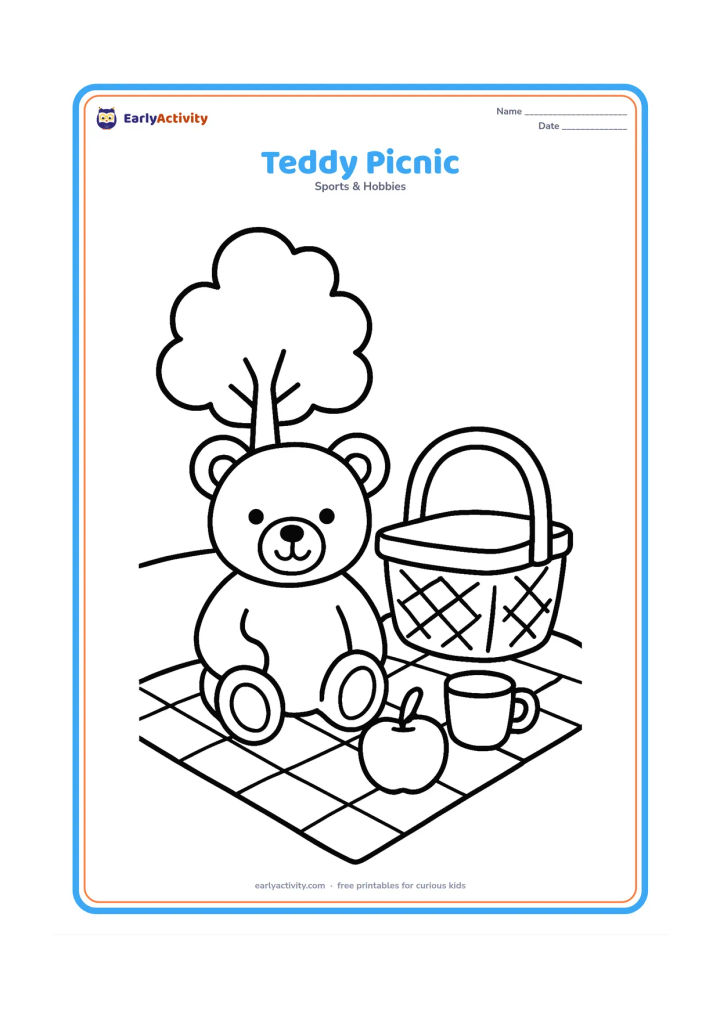 Colouring page: A teddy bear sits on a picnic cloth beside a large basket, an apple and a cup, with one simple tree behind it. Use a clear front-facing composition with plenty of open space.