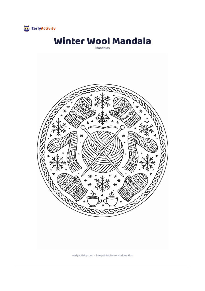 Colouring page: Draw a circular mandala with a cosy ball of yarn at the centre and knitting needles arranged diagonally behind it, surrounded by repeating mittens, scarves, snowflakes and cable-like…