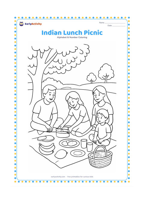Colouring page: Draw a family picnic beneath a leafy tree with a cloth, tiffin boxes, bananas, chapati, a mango, cups and a woven basket. Include a child serving food and a quiet park with distant trees…