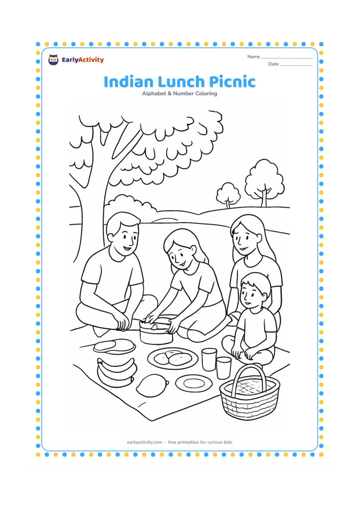 Colouring page: Draw a family picnic beneath a leafy tree with a cloth, tiffin boxes, bananas, chapati, a mango, cups and a woven basket. Include a child serving food and a quiet park with distant trees…