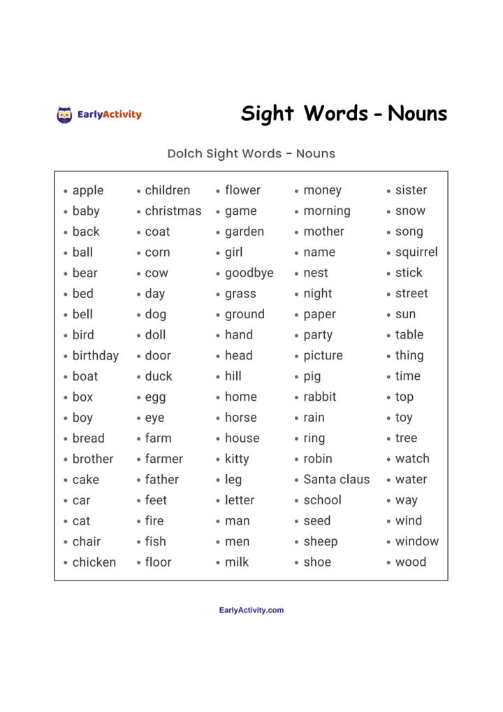 Worksheet listing Dolch sight words that are nouns, including apple, baby, children, flower, money, sister, snow and wood.