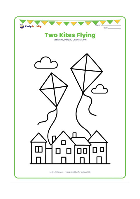 Colouring page: Two different diamond-shaped kites fly high above a simple row of rooftops, each with a short curved tail and a clear string leading downward.