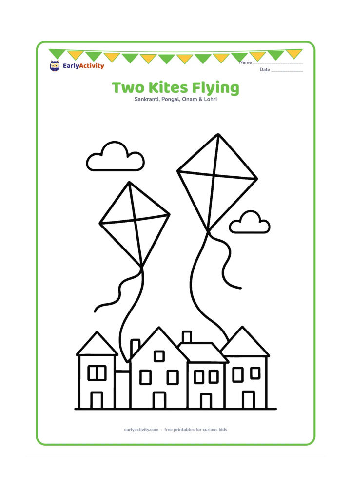 Colouring page: Two different diamond-shaped kites fly high above a simple row of rooftops, each with a short curved tail and a clear string leading downward.