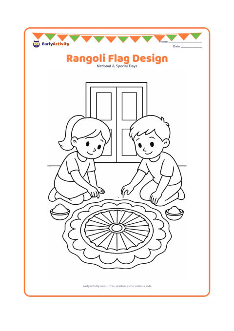 Colouring page: Two children kneel on the ground making a large rangoli inspired by the Indian flag, with a simple Ashoka Chakra in the centre. Include bowls of coloured powder and a doorway behind them.